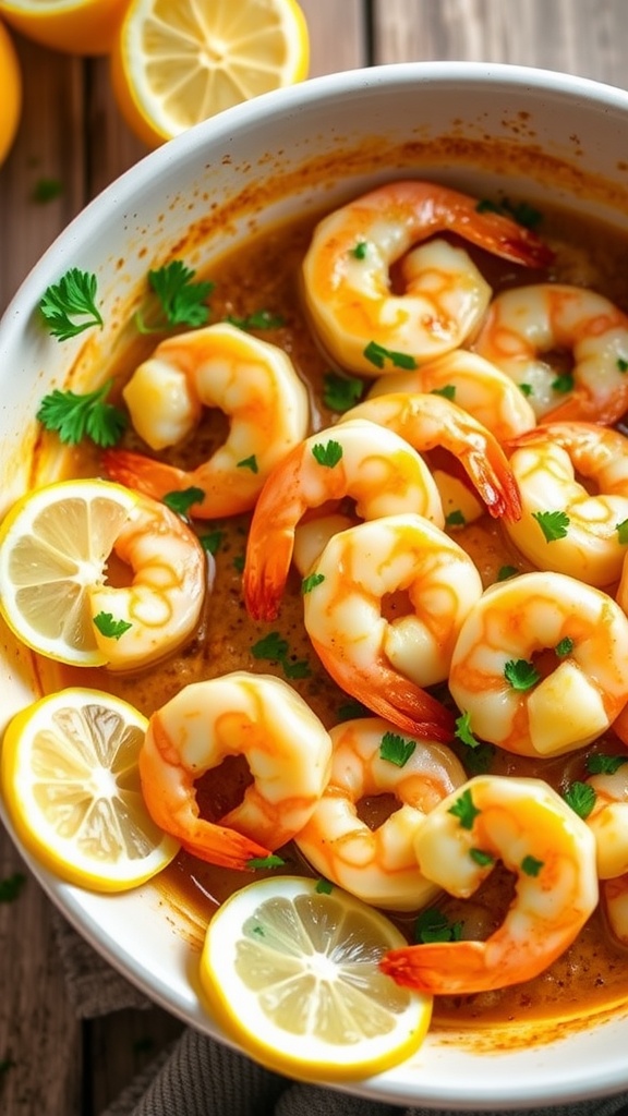 Garlic butter shrimp baked in a dish, garnished with parsley and lemon slices.